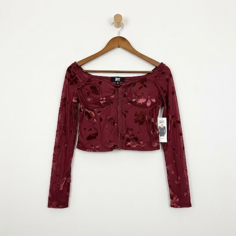 NWT Madden NYC Wine Red Floral Velvet Corset Crop Top Vampire Grunge Dark M